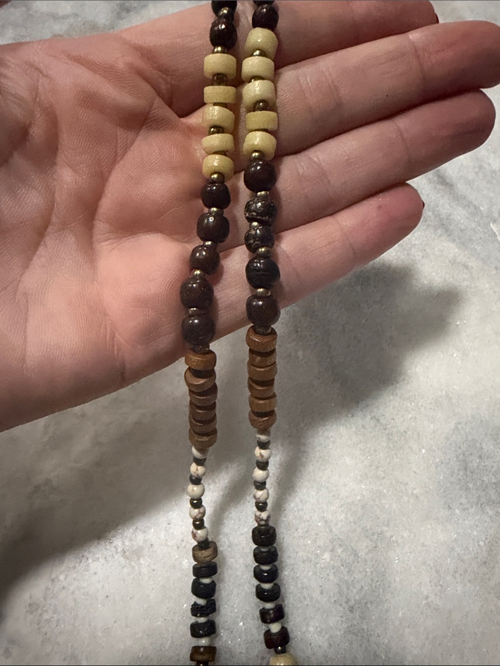 Hand- Carved Horn Pendant Beaded Necklace in Brown and Cream - Picture 3 of 3